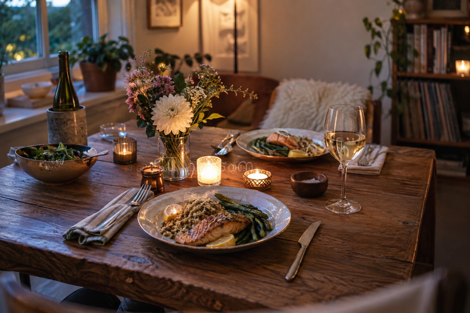 A home dinner table set for an anniversary evening.