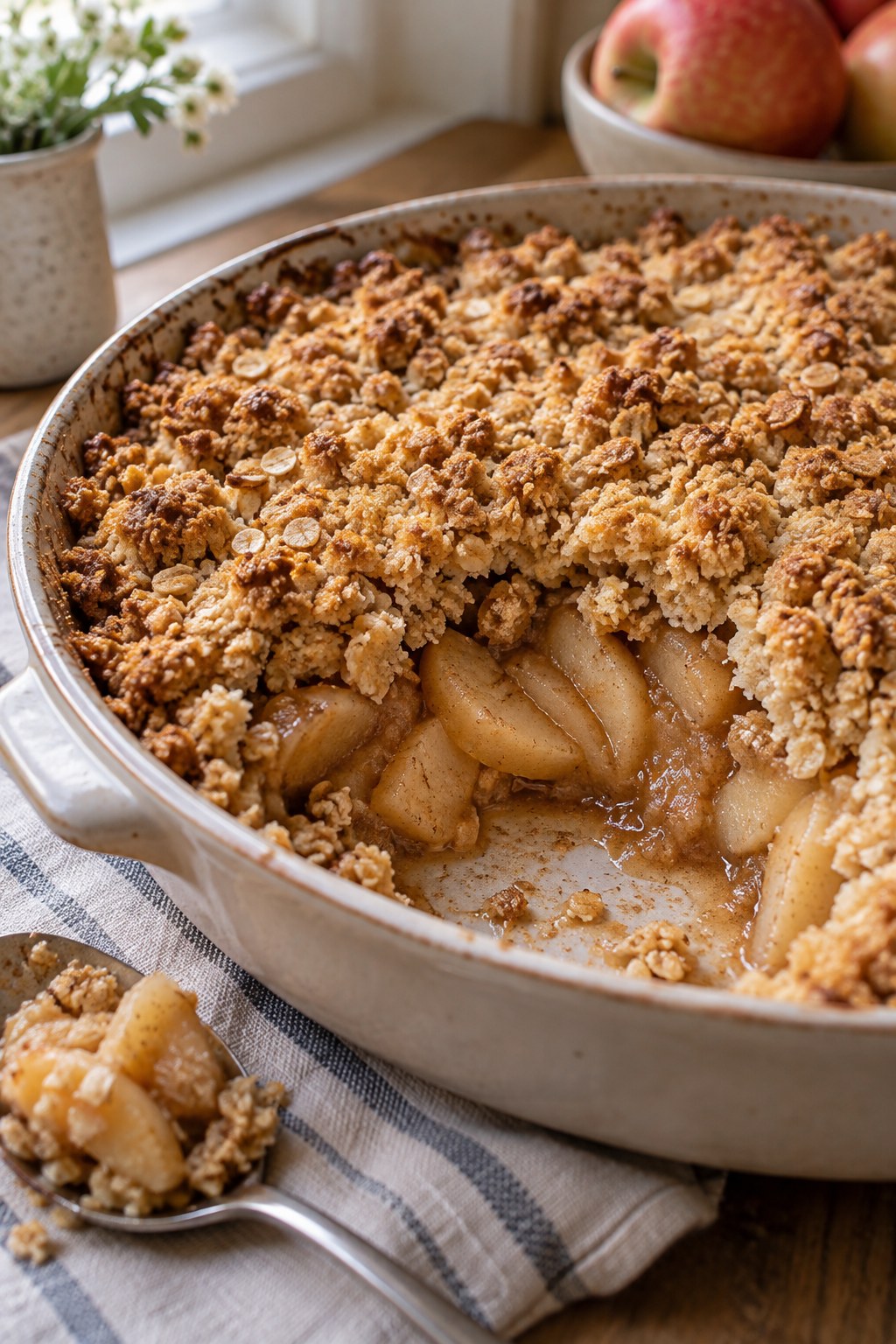 Baked apples under a loose golden oat crumble topping
