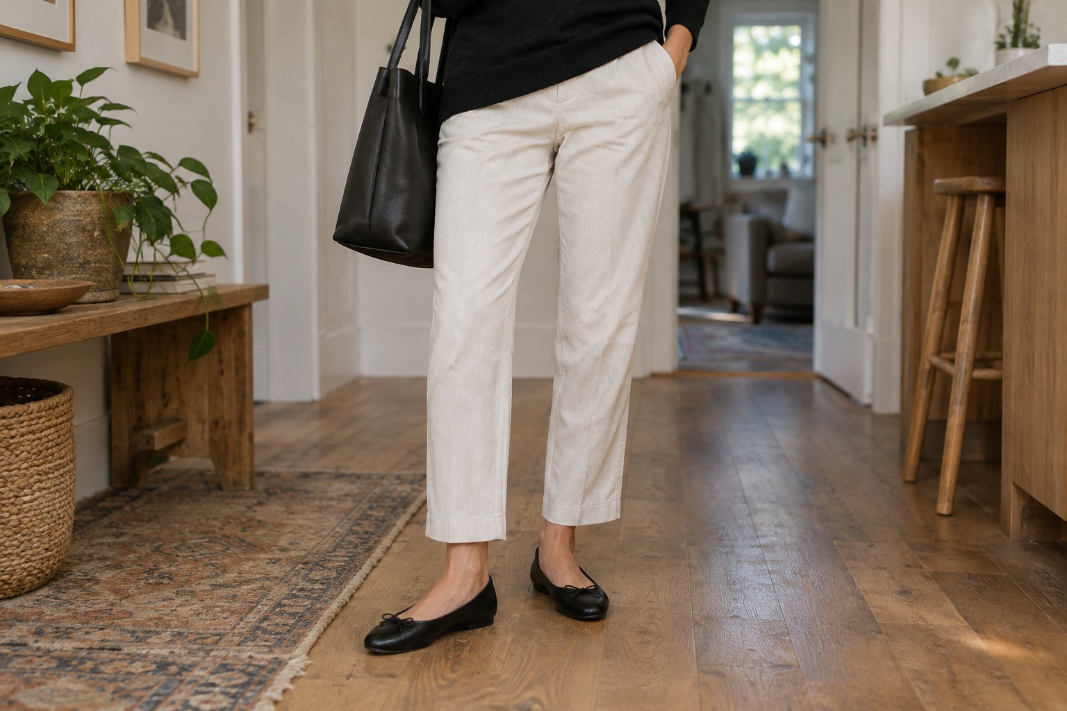 Black ballet flats worn with ankle-length trousers.