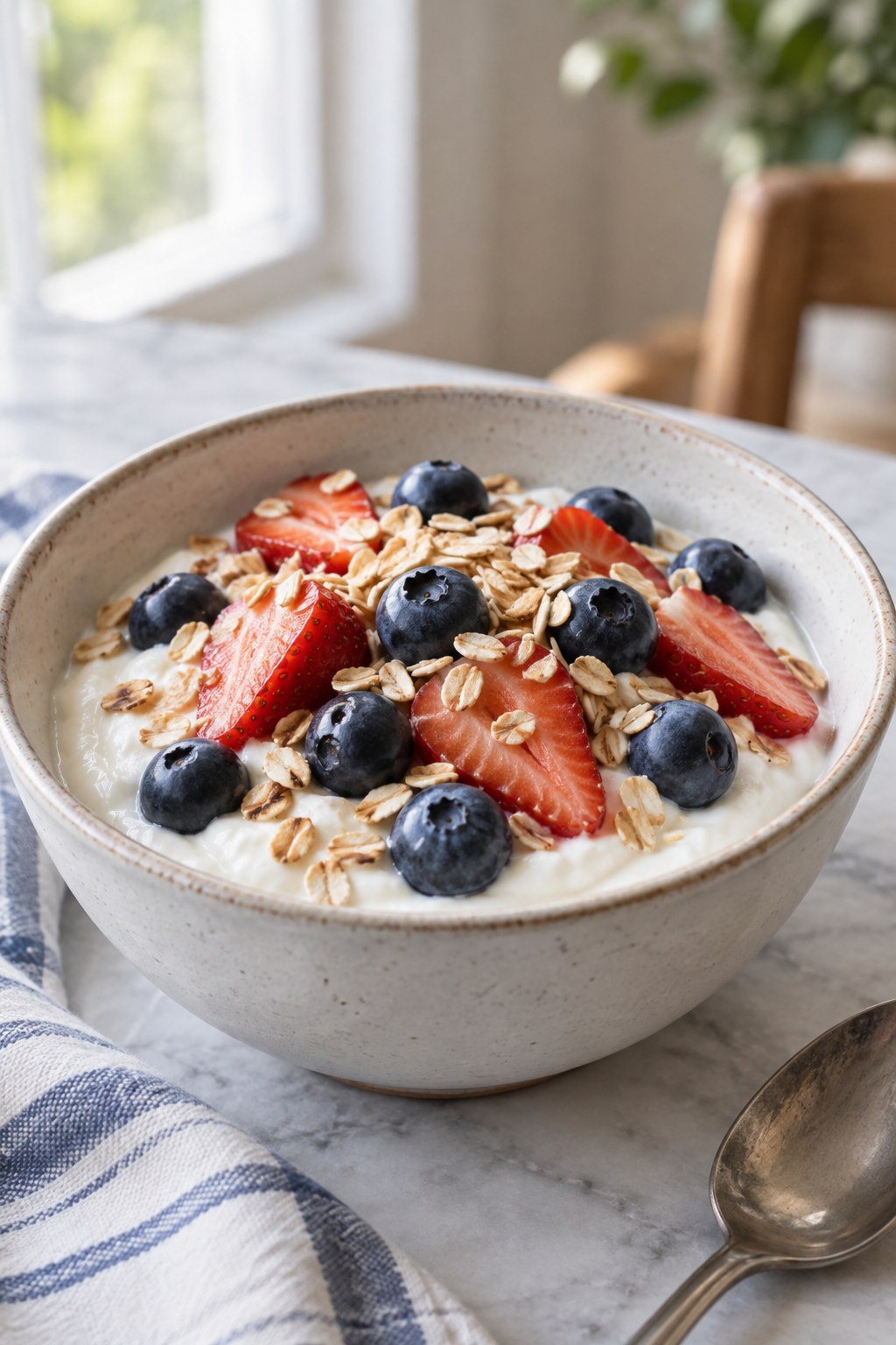 Yoghurt topped with strawberries, blueberries and toasted oats