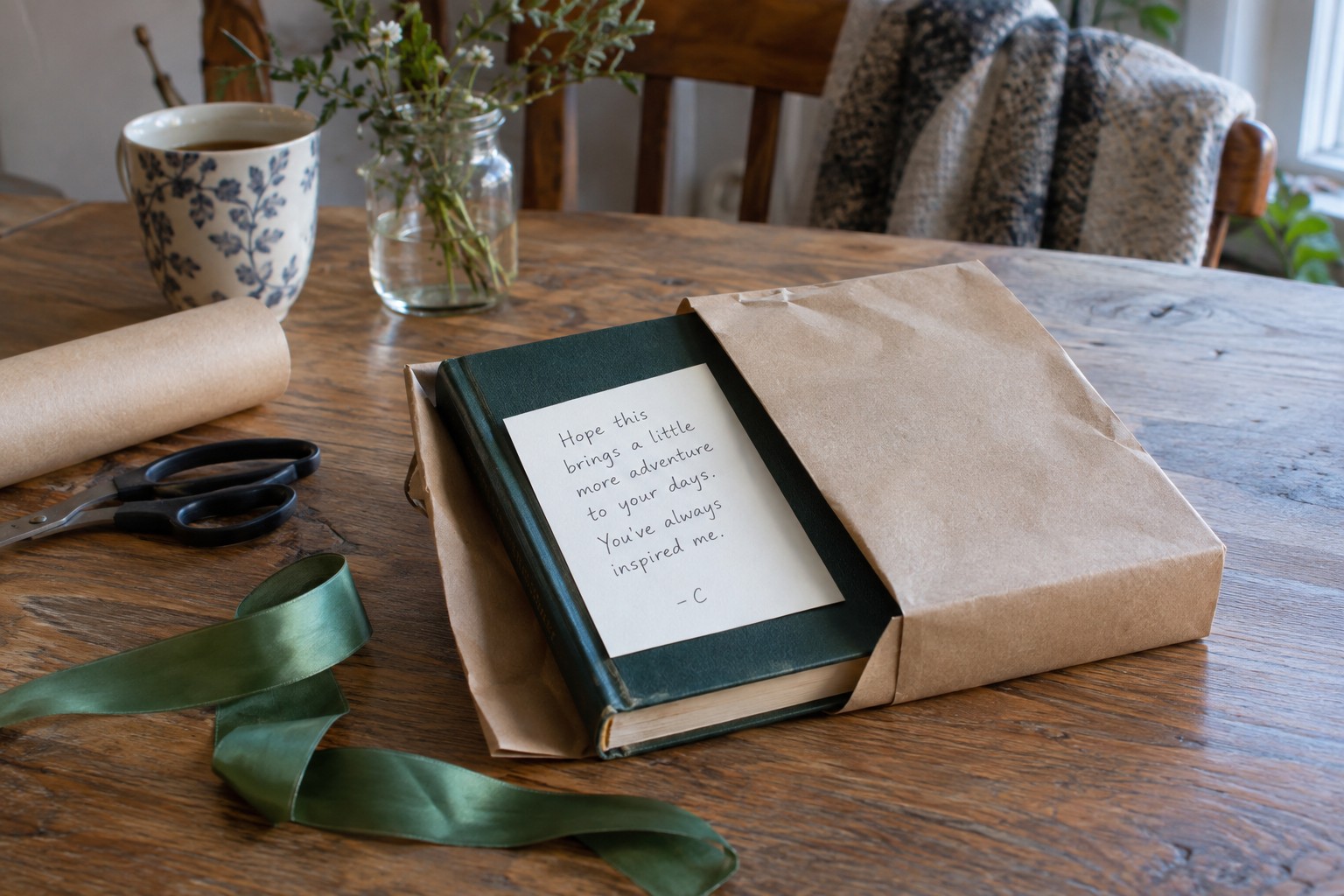A partly wrapped book with a personal note.