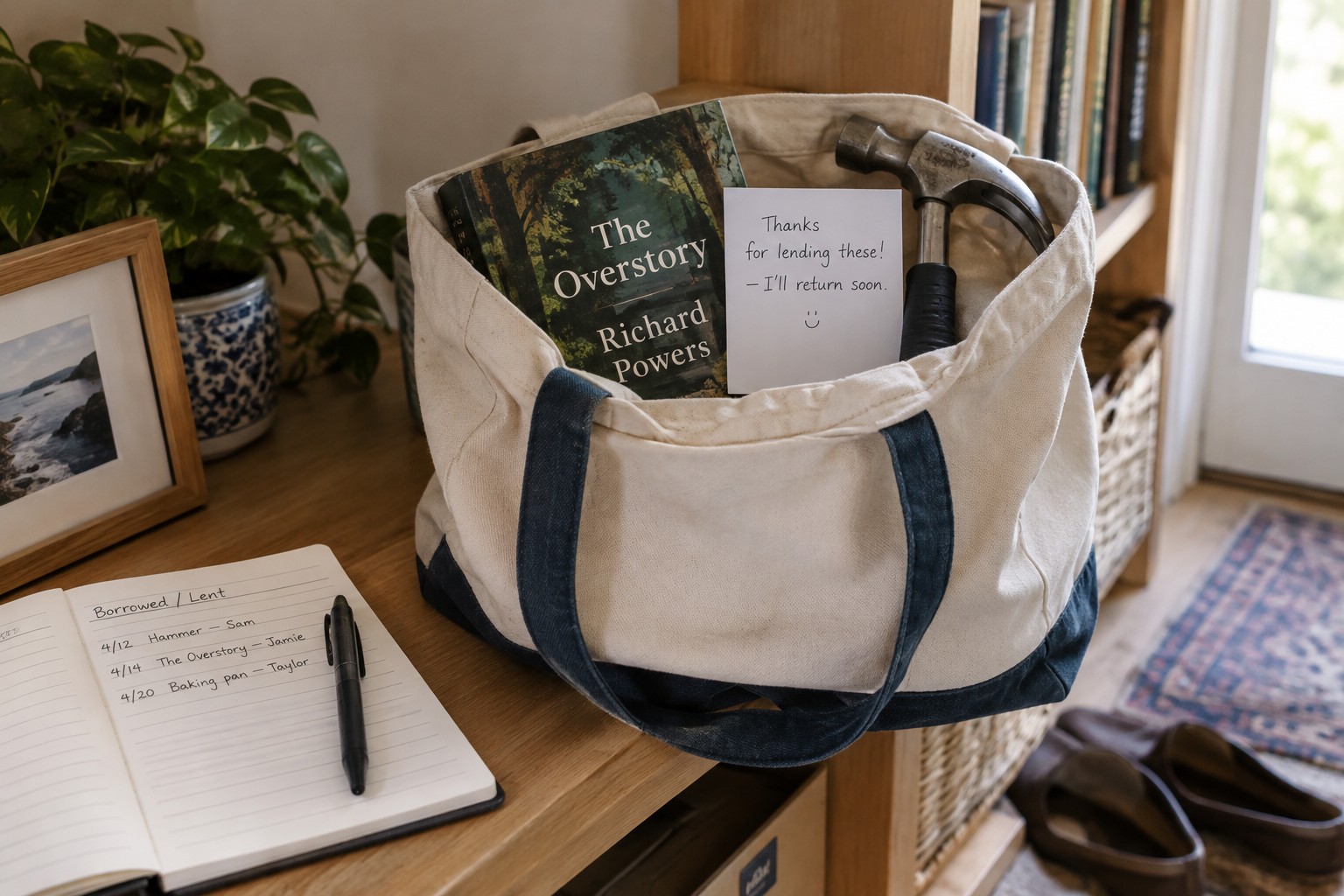 Borrowed belongings collected in a tote with a return note.