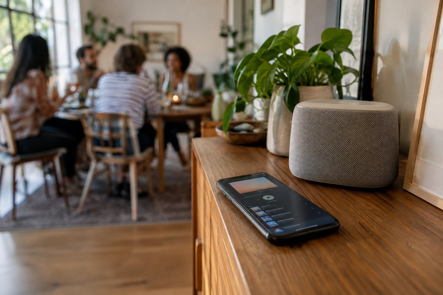 A phone playlist and speaker beside a gathering.
