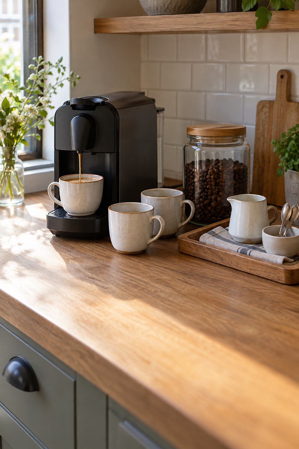 Coffee machine, cups and a serving tray on a home counter