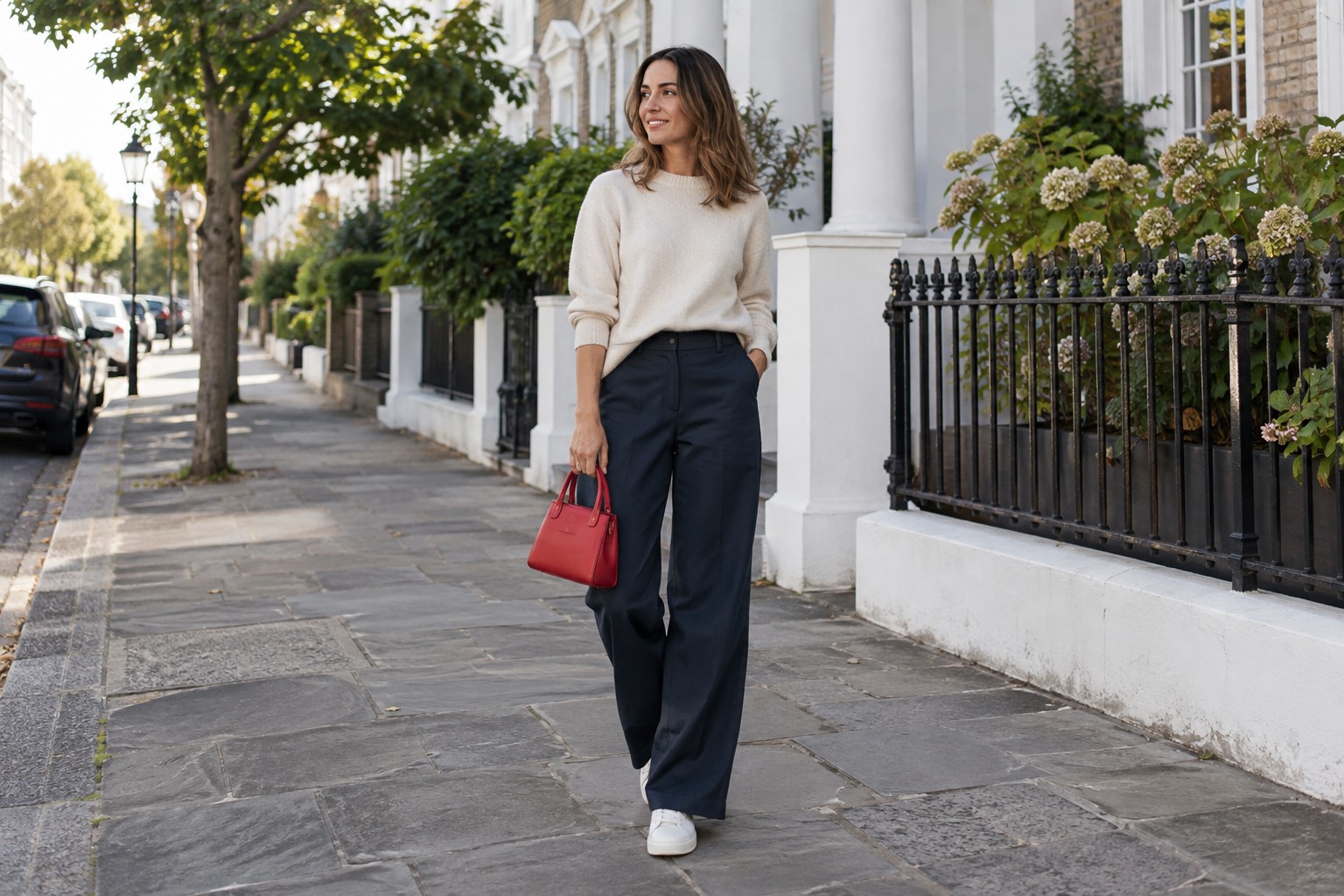 A red handbag adding colour to a neutral outfit.