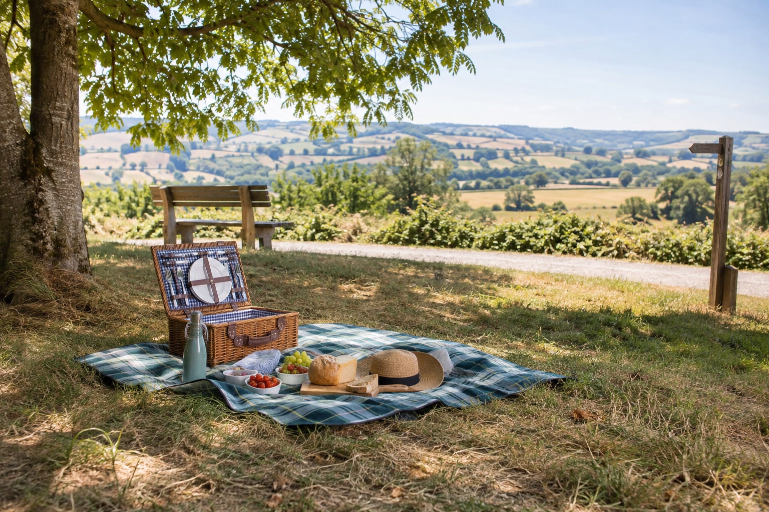 A picnic laid out on level grass beside a countryside path.