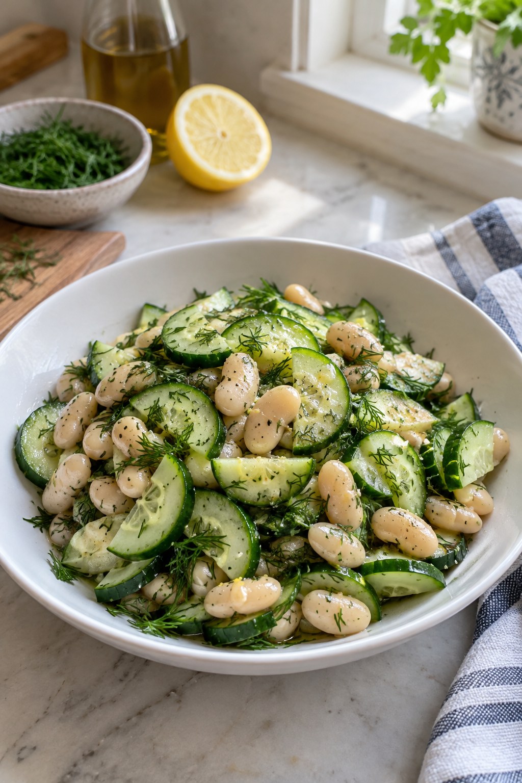 Cucumber slices and white beans with dill