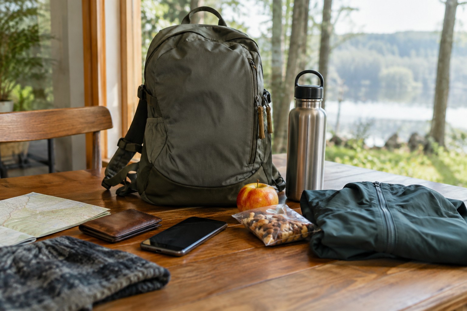 A daypack with a bottle, snack and rain layer.