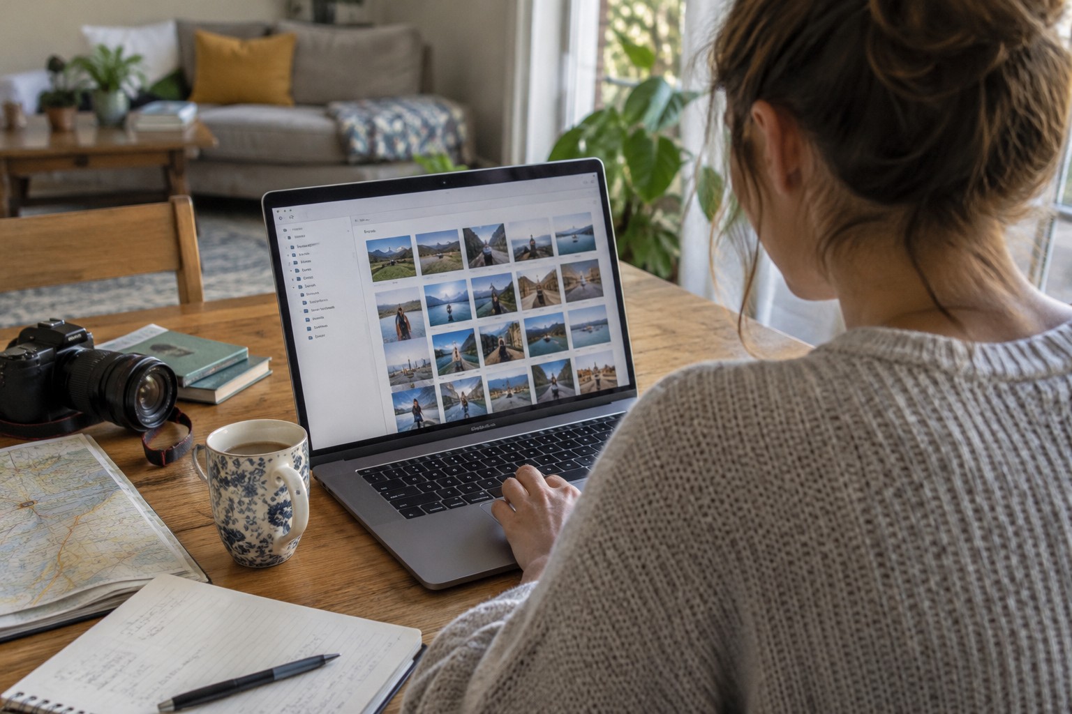 A woman organising photo thumbnails on a laptop.