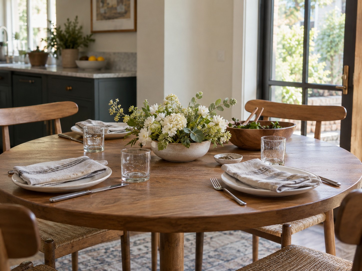 A low floral centrepiece on an everyday dining table.