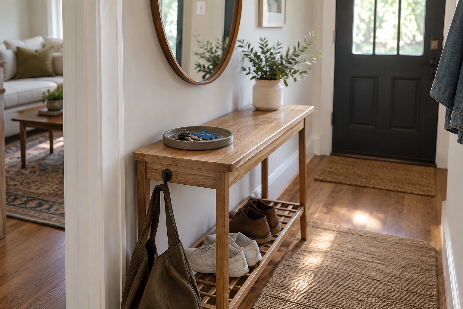 A hallway console with a key tray, bag hook and shoe shelf.