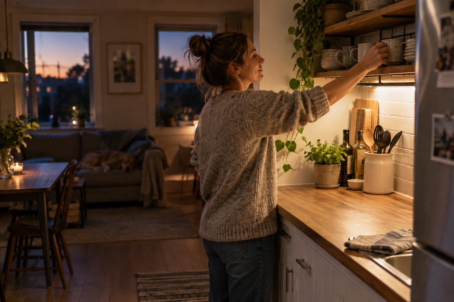 A woman putting away a mug during an evening kitchen reset.