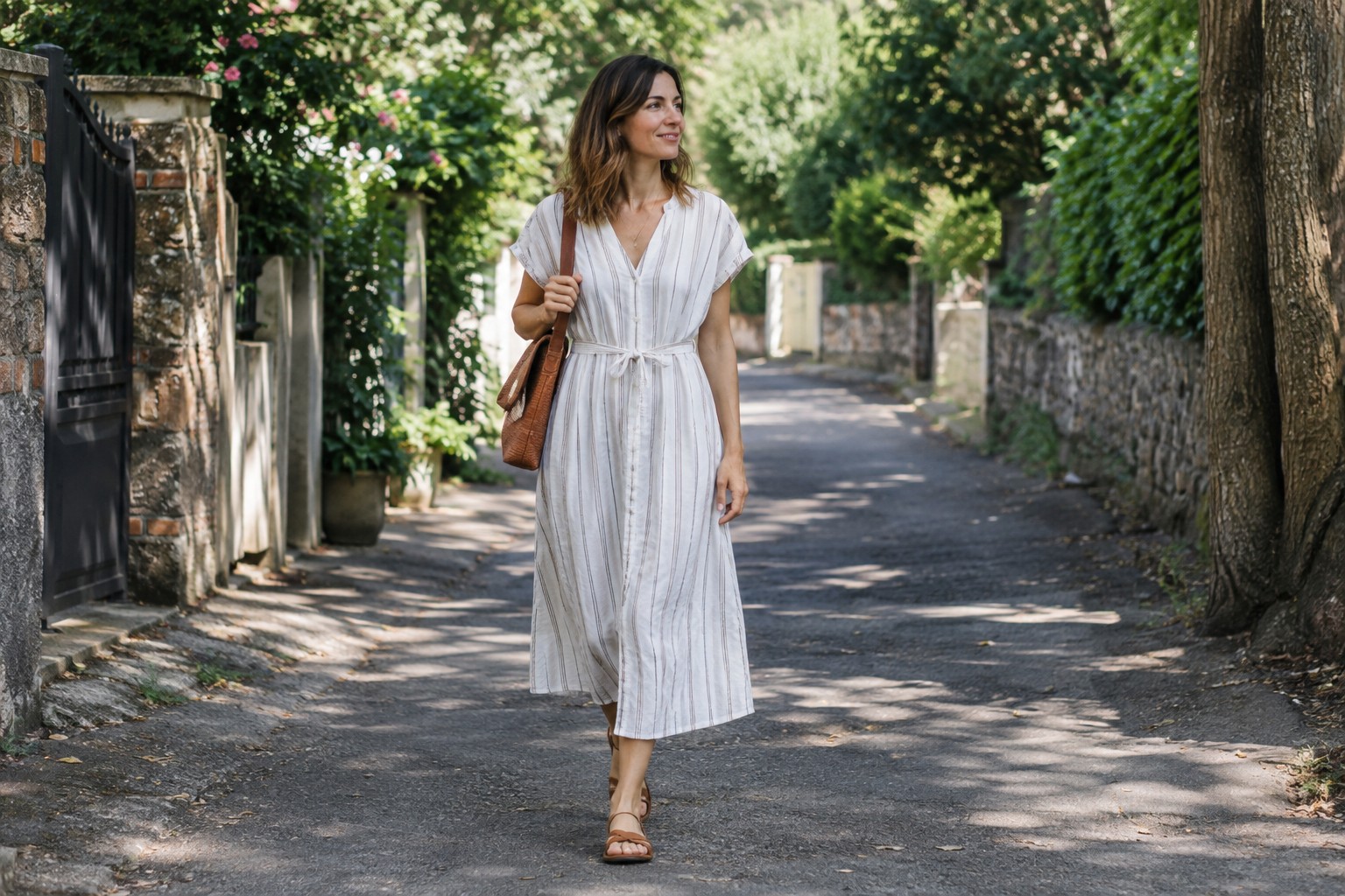 A summer dress paired with flat leather sandals.