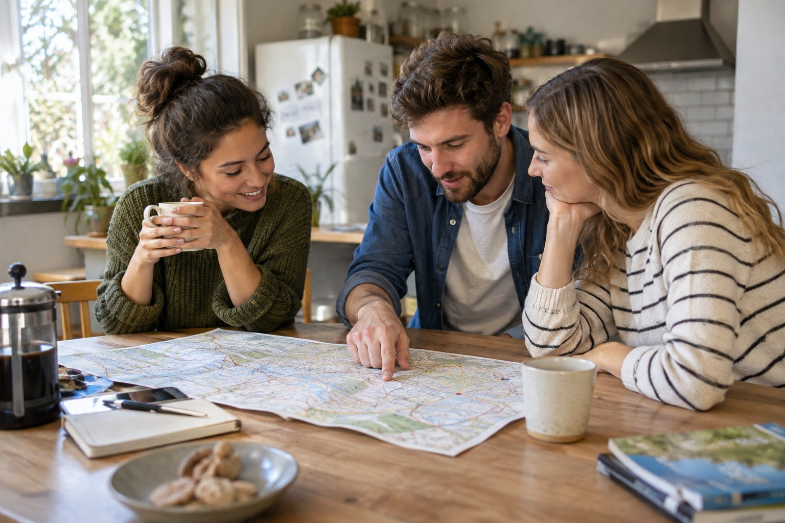 Friends discussing a weekend plan over a map.