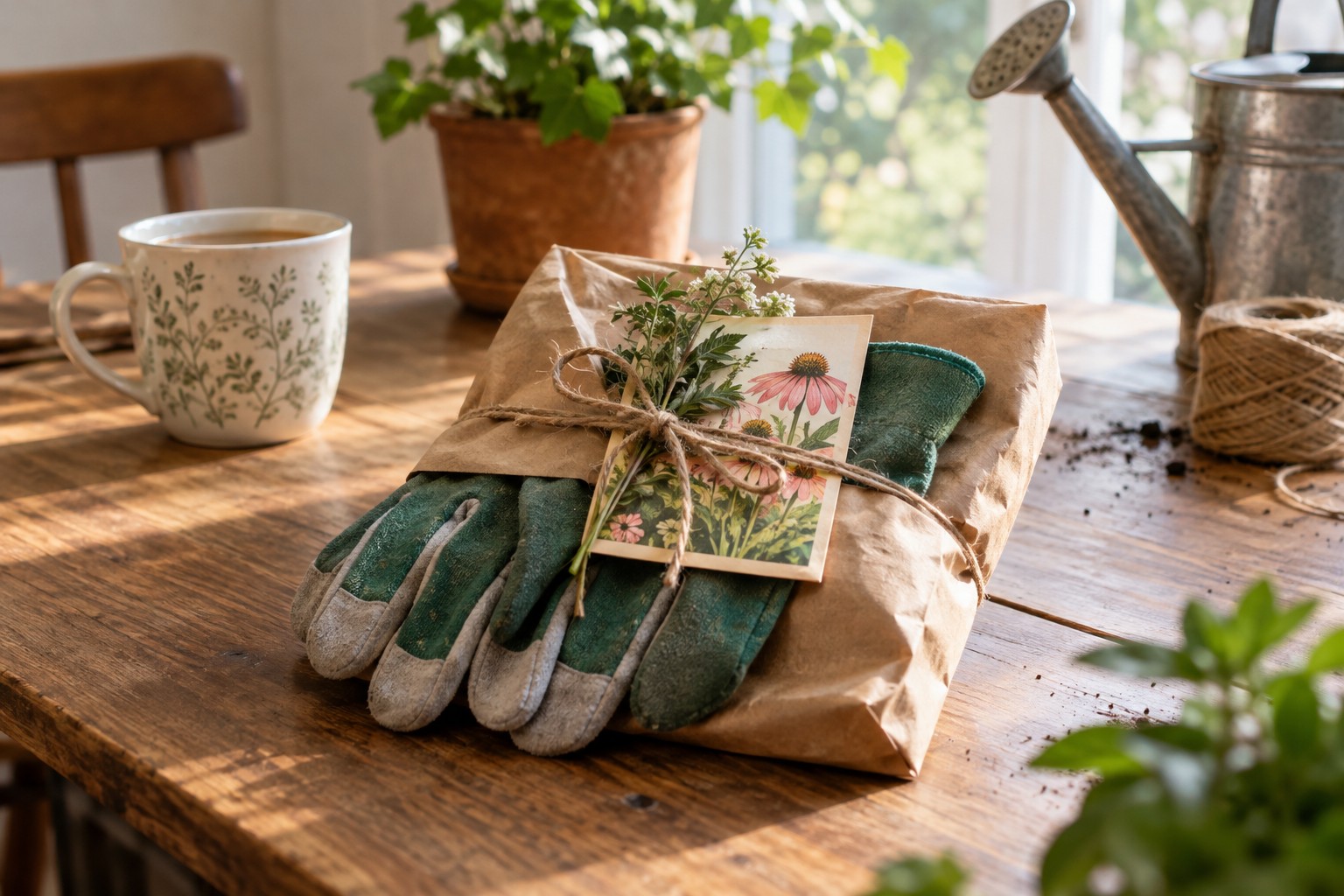 Gardening gloves and seeds wrapped as a thoughtful gift.