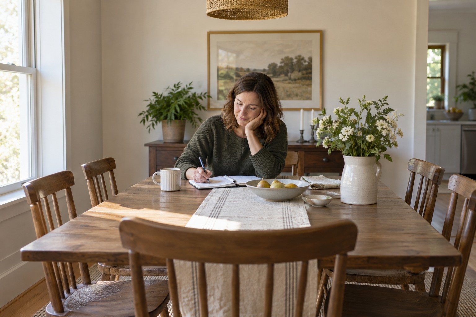 A woman planning a guest list at a dining table.