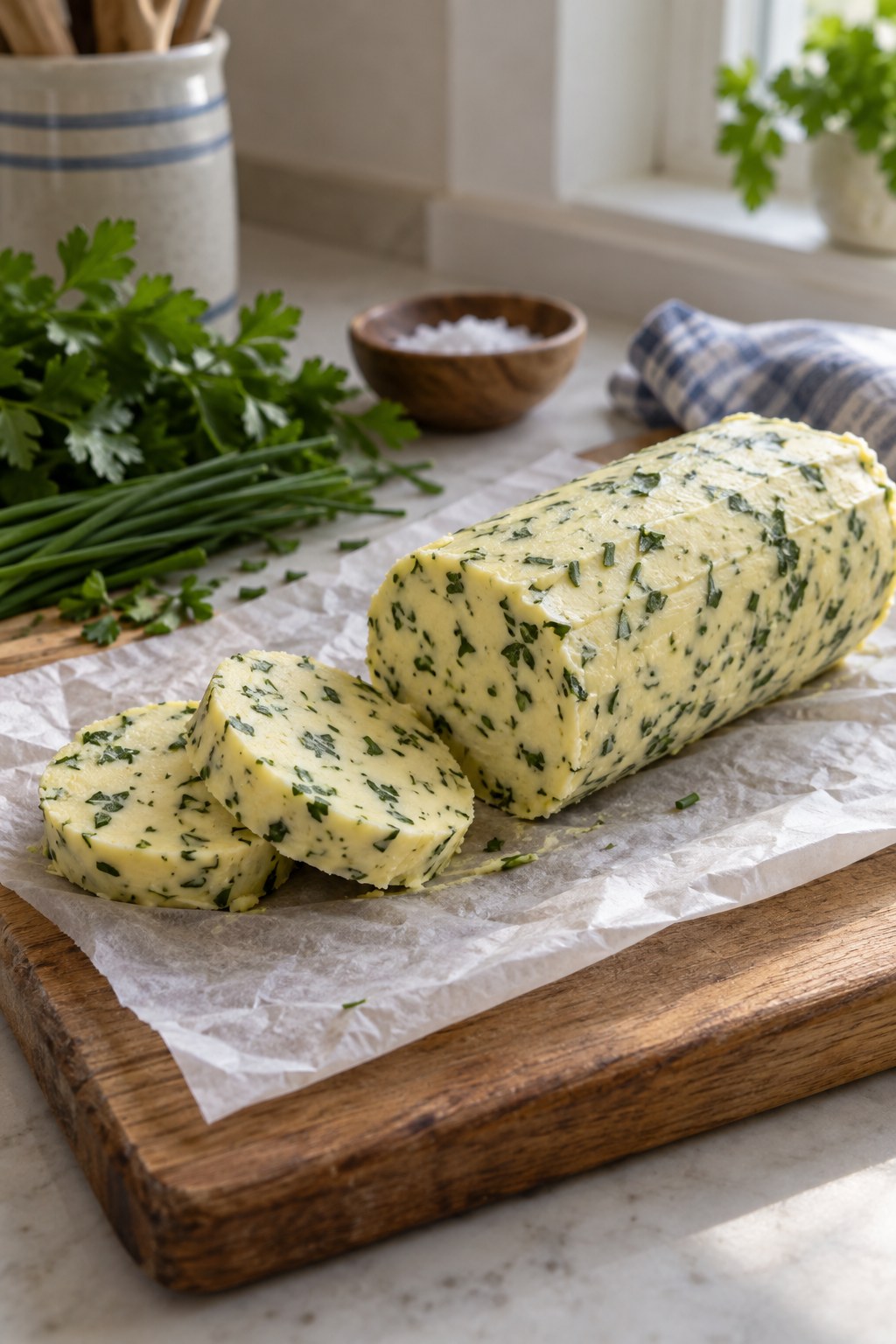 Parsley and chive butter rolled in baking parchment