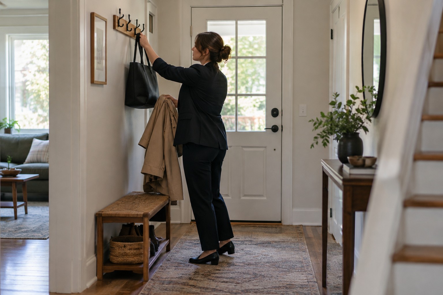 A woman hanging her work bag and coat in the hallway.