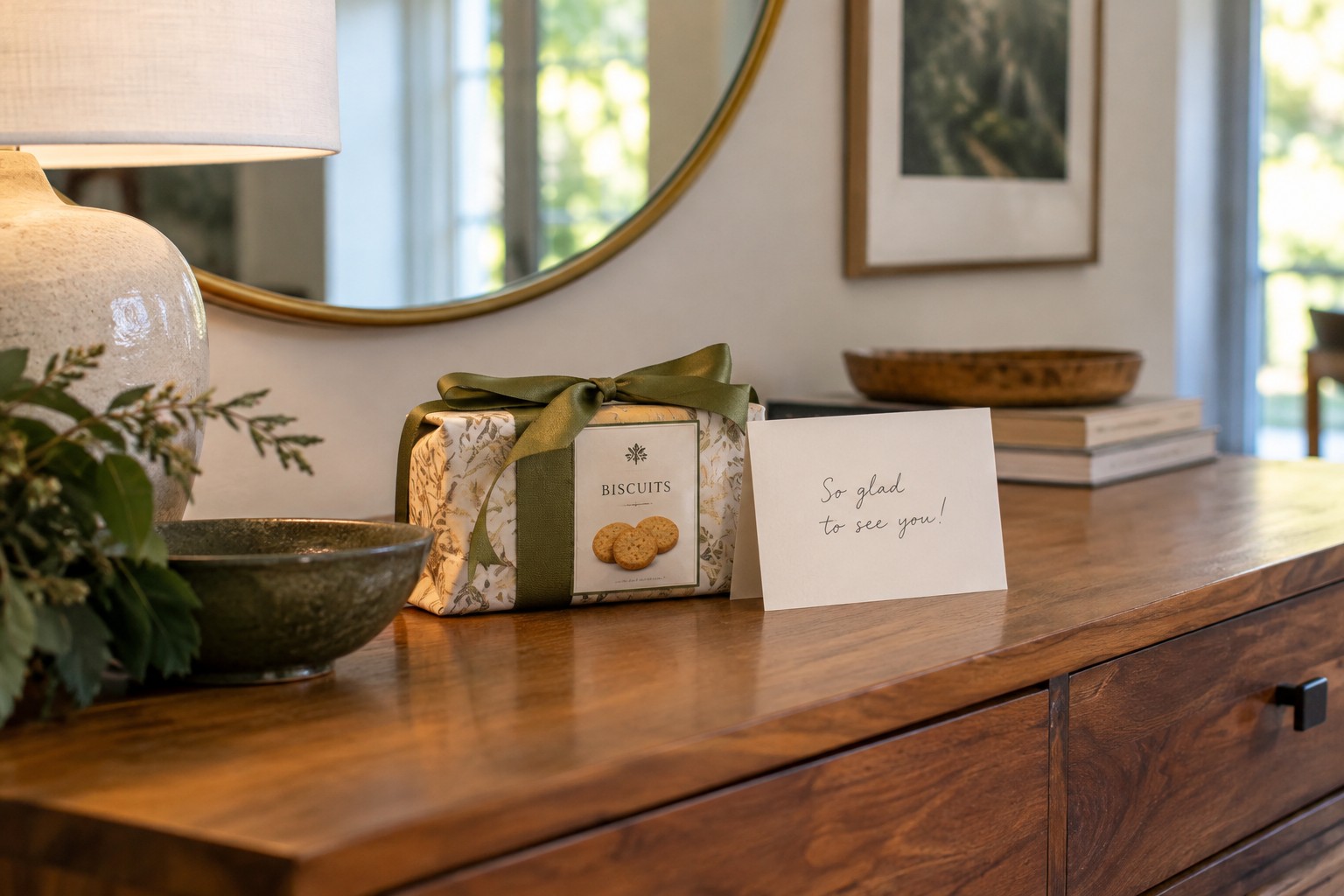 A self-contained box of biscuits and card for a host.
