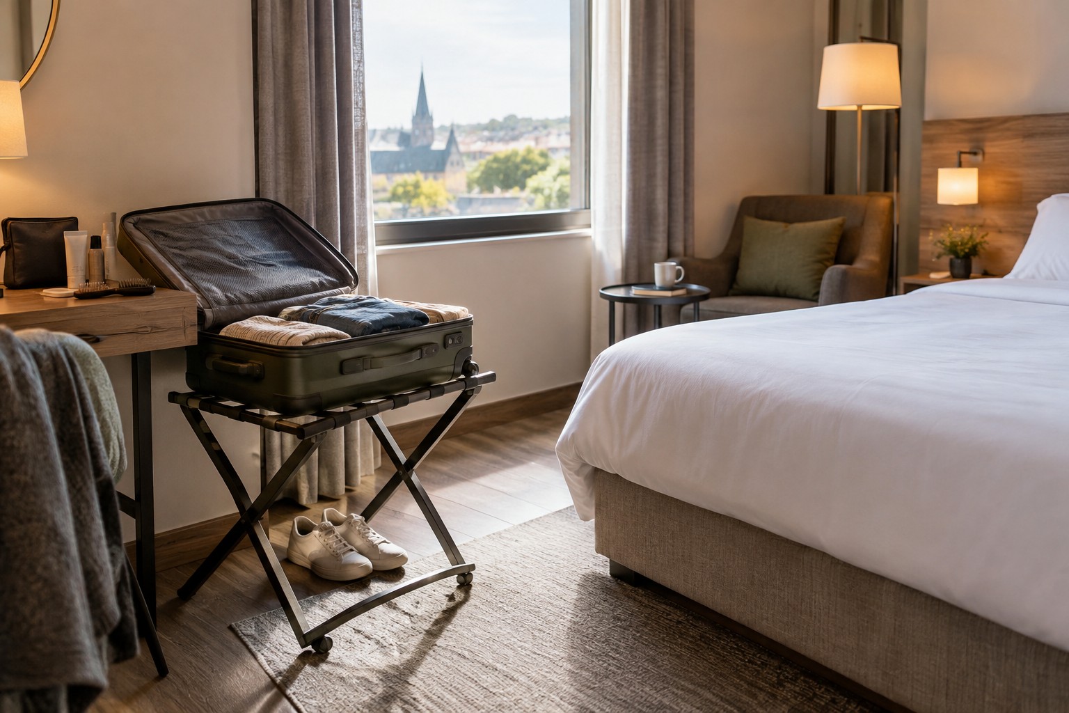 A partially unpacked suitcase on a hotel luggage rack.