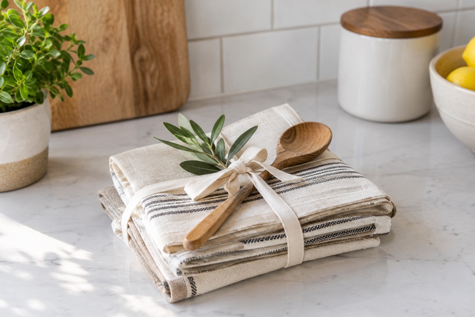 Tea towels and a wooden spoon tied as a housewarming gift.