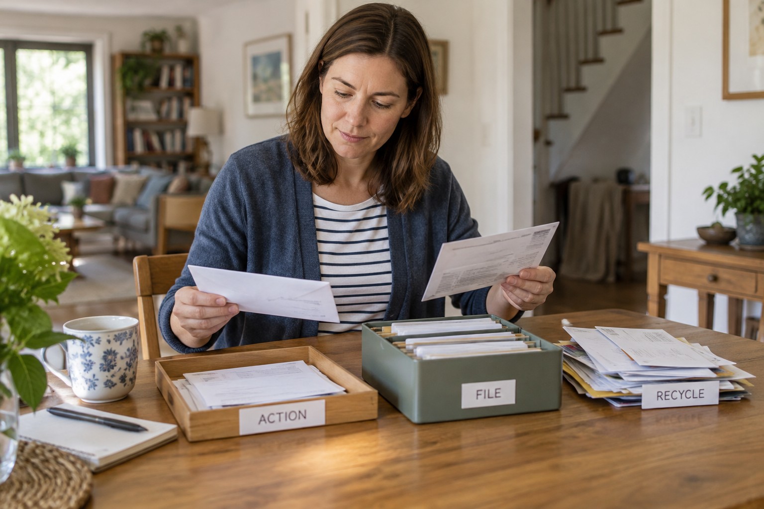 A woman sorting incoming post into separate trays.