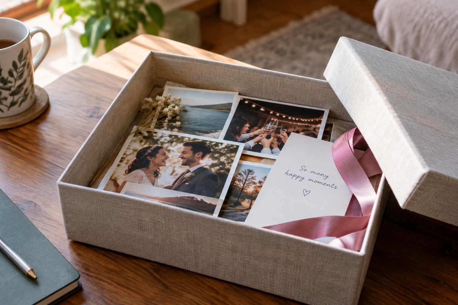 Selected photographs, cards and ribbon in a keepsake box.