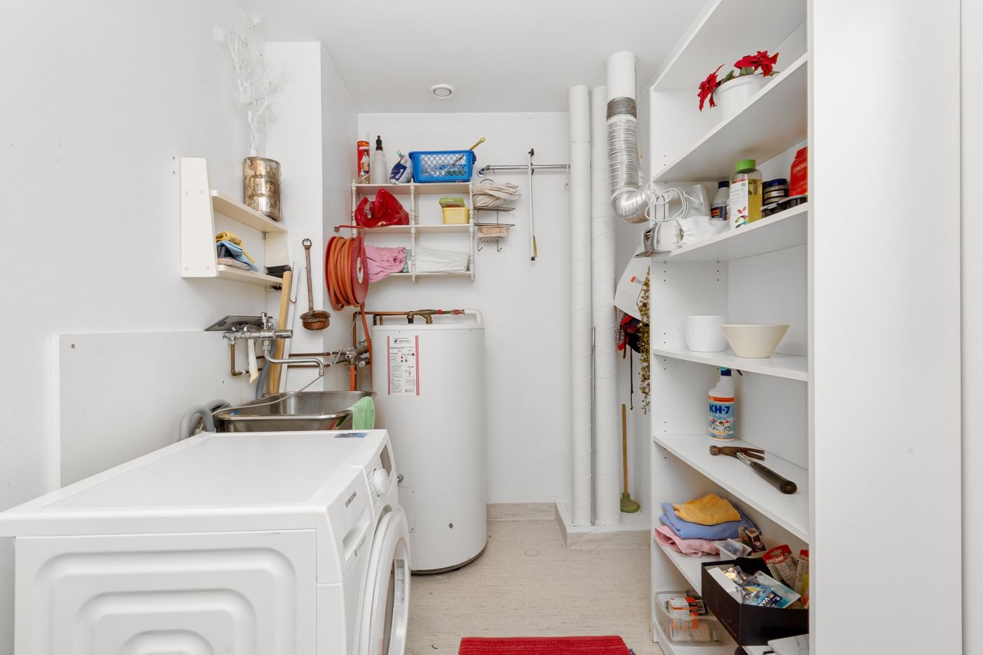 A household laundry room with a washing machine and storage shelves.