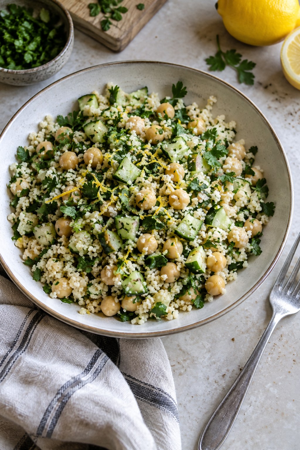 Couscous with chickpeas, cucumber, parsley and lemon