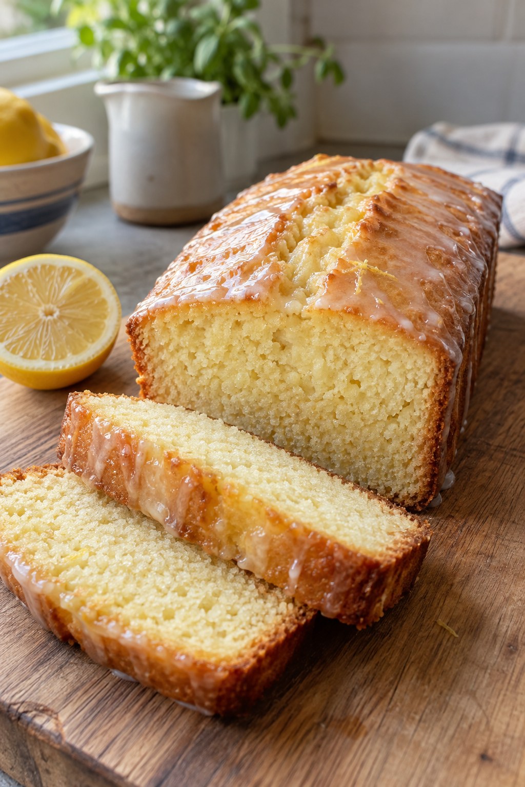 Sliced golden lemon loaf with a thin glaze