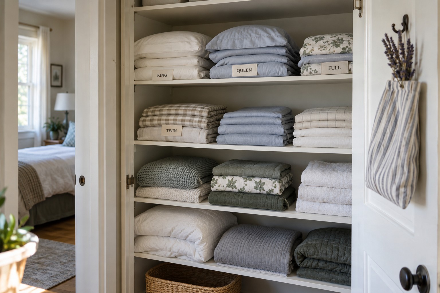 Folded bedding sets grouped on linen cupboard shelves.