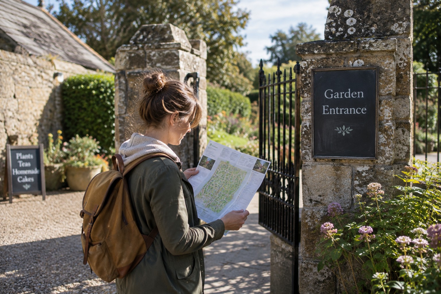 A visitor checking a map at a garden entrance.