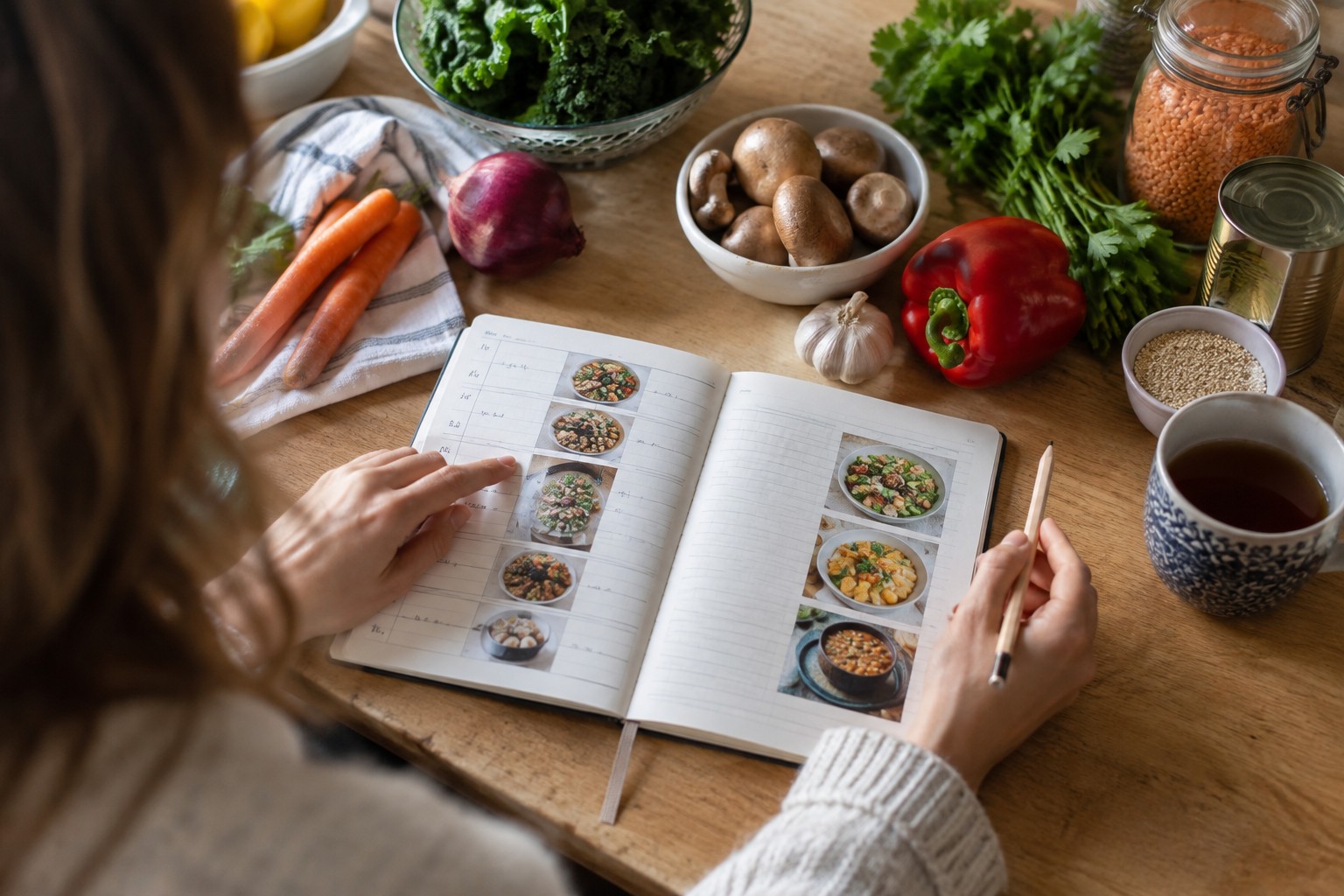 A meal-planning notebook beside available ingredients.
