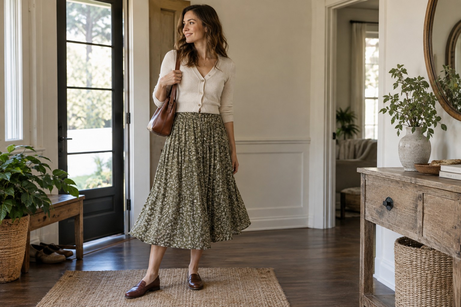 A woman pairing a calf-length skirt with flat shoes.