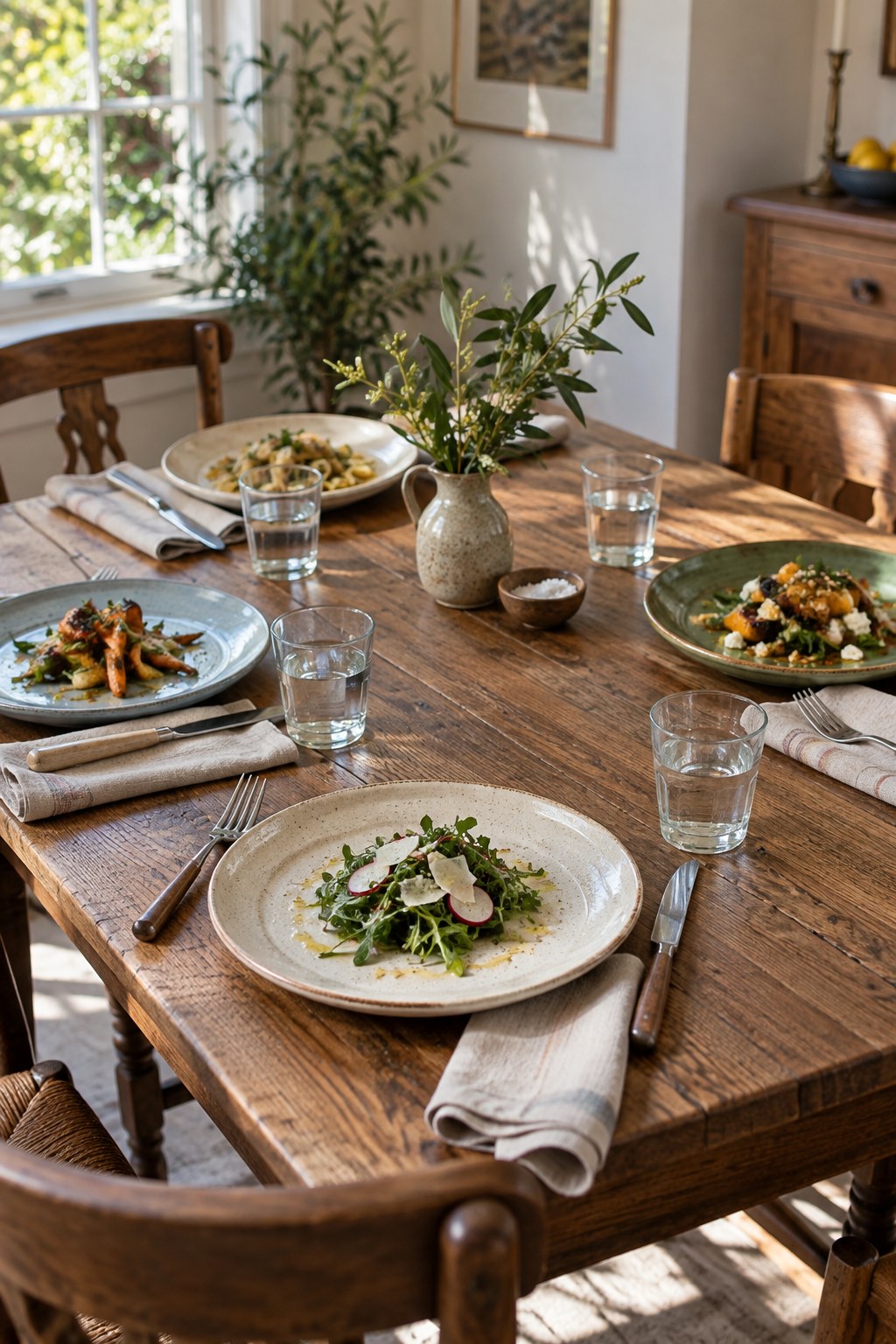 Mismatched plates connected by simple glasses and linen napkins