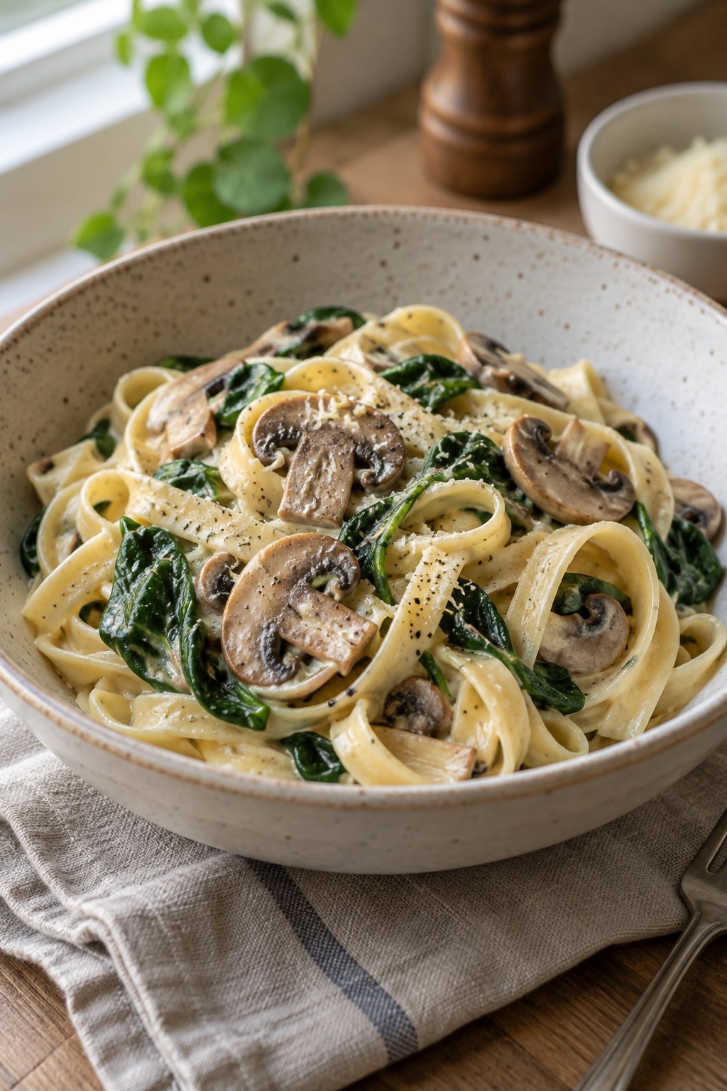 Pasta ribbons with sliced mushrooms and spinach