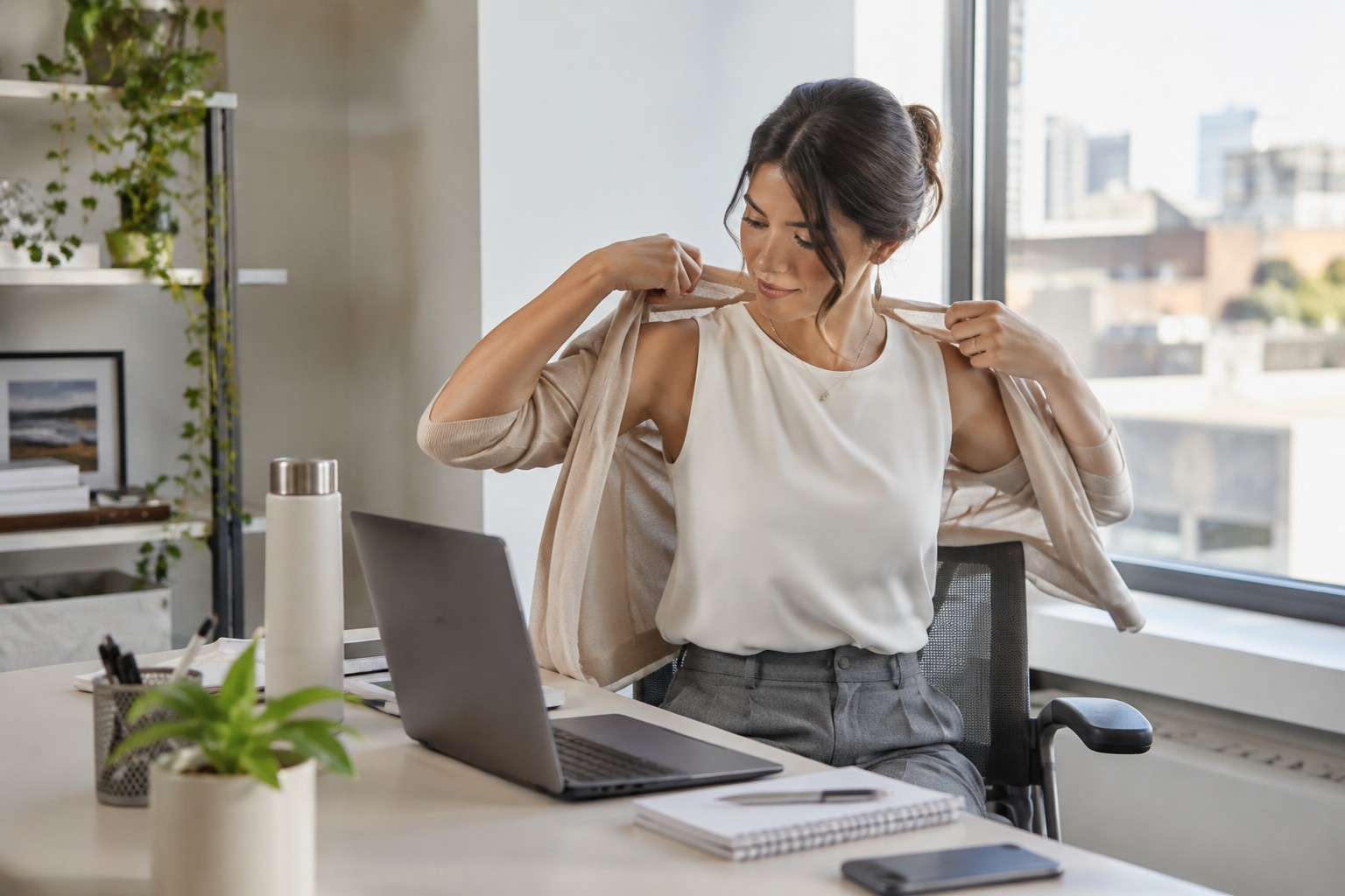 A woman putting on a cardigan at an office desk.