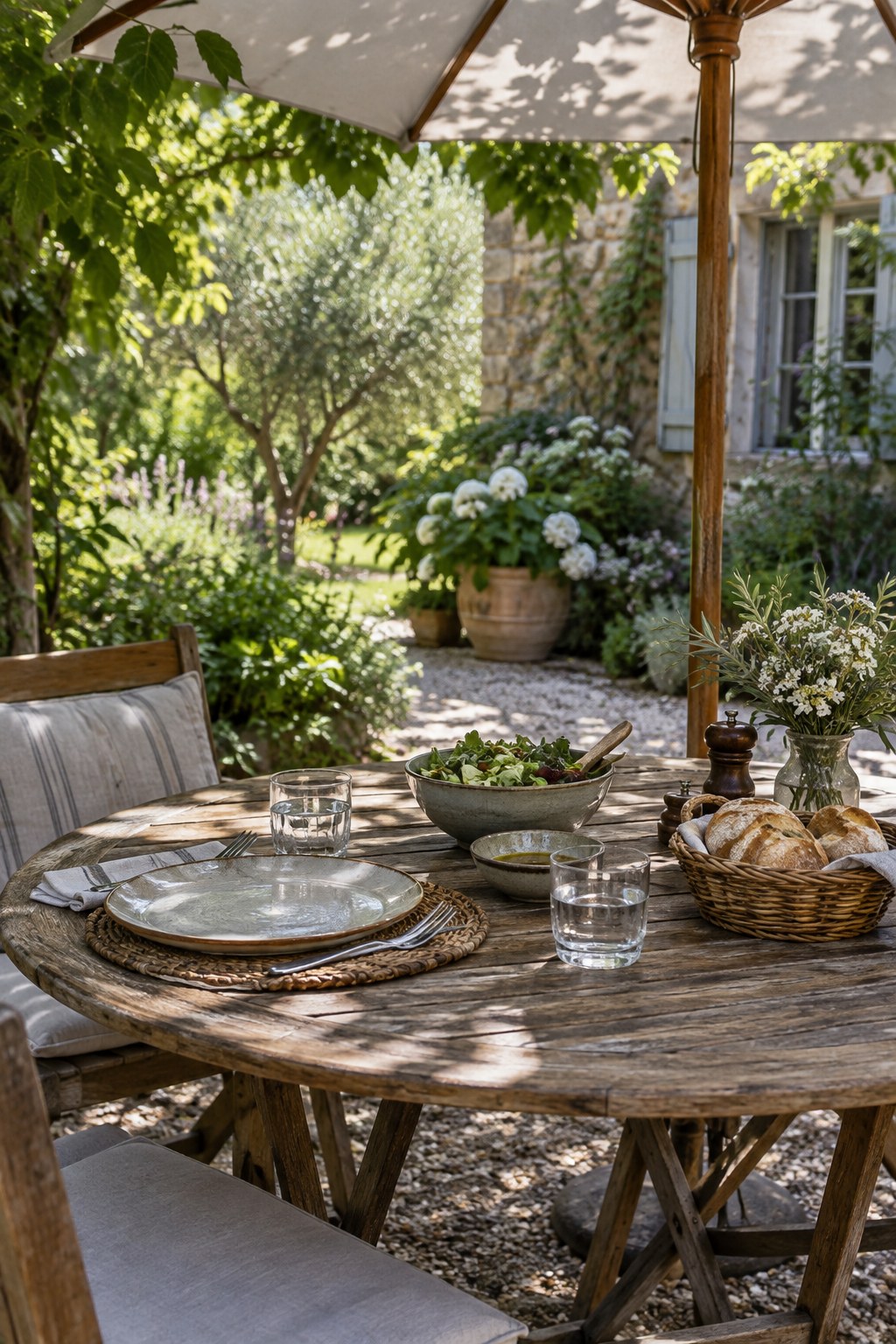 A small garden lunch table with shaded seating
