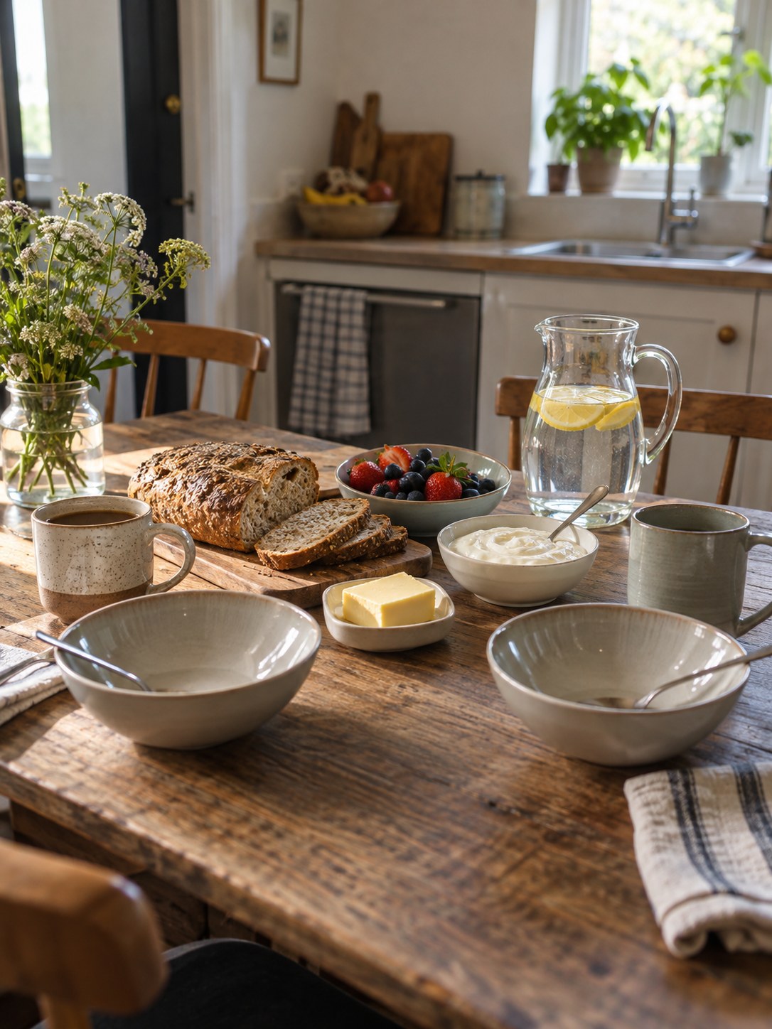 A home breakfast table with fruit, yoghurt, bread and bowls