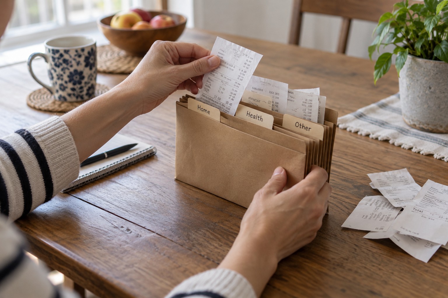 Shopping receipts being sorted into a divided paper file.