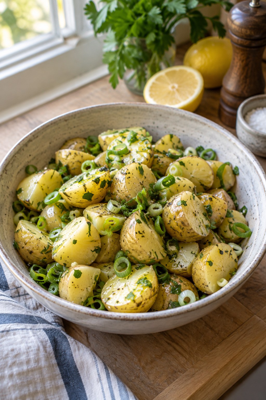 Halved potatoes dressed with lemon, herbs and olive oil
