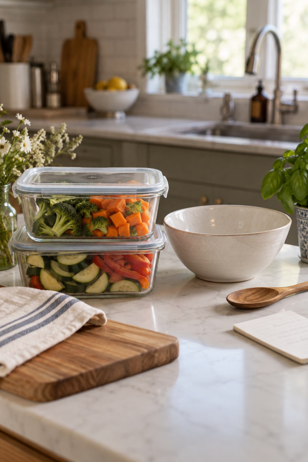 Vegetables in covered containers beside a clear kitchen work surface
