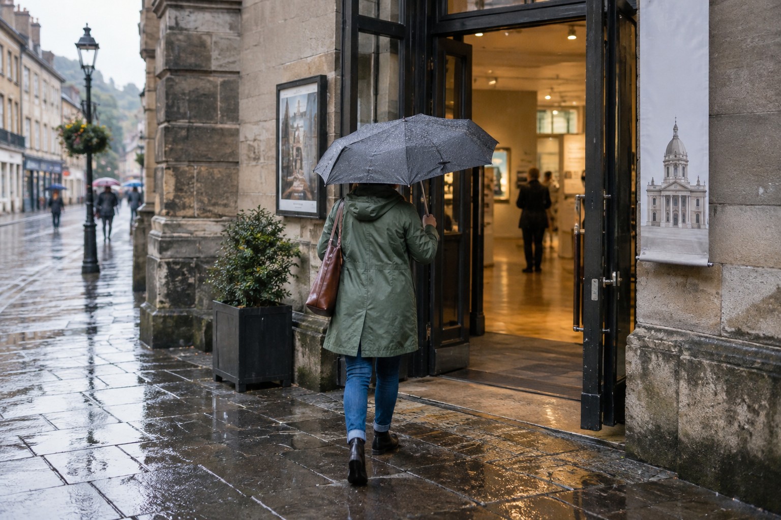 A visitor entering a museum from a rainy pavement.
