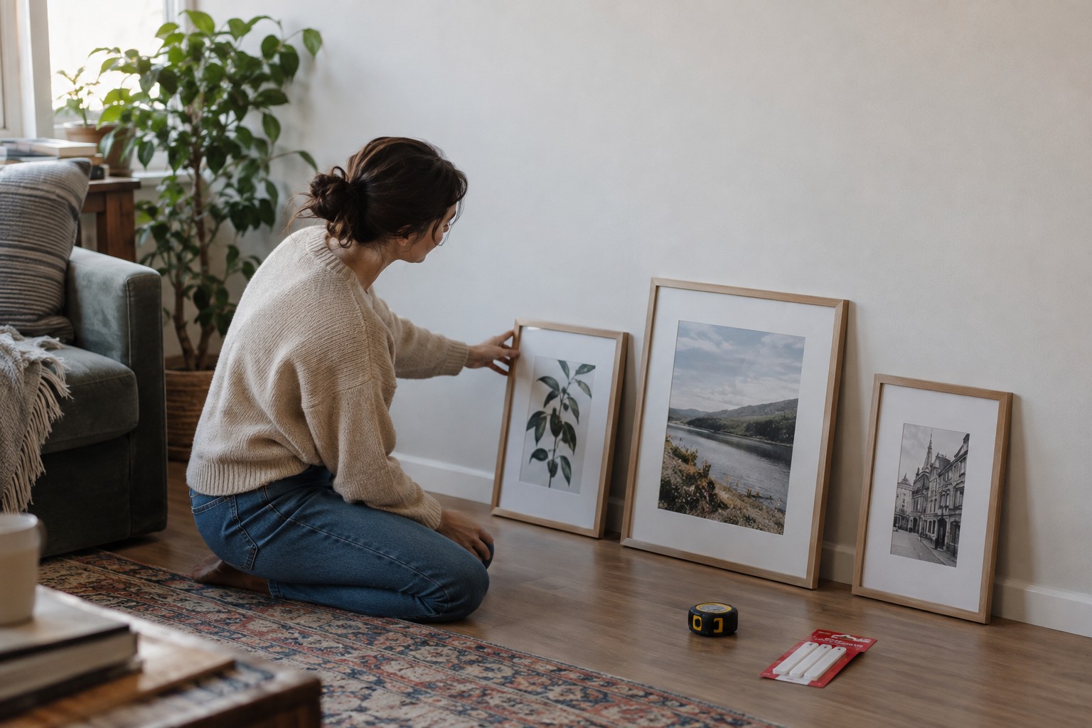 A woman arranging framed prints before hanging them.