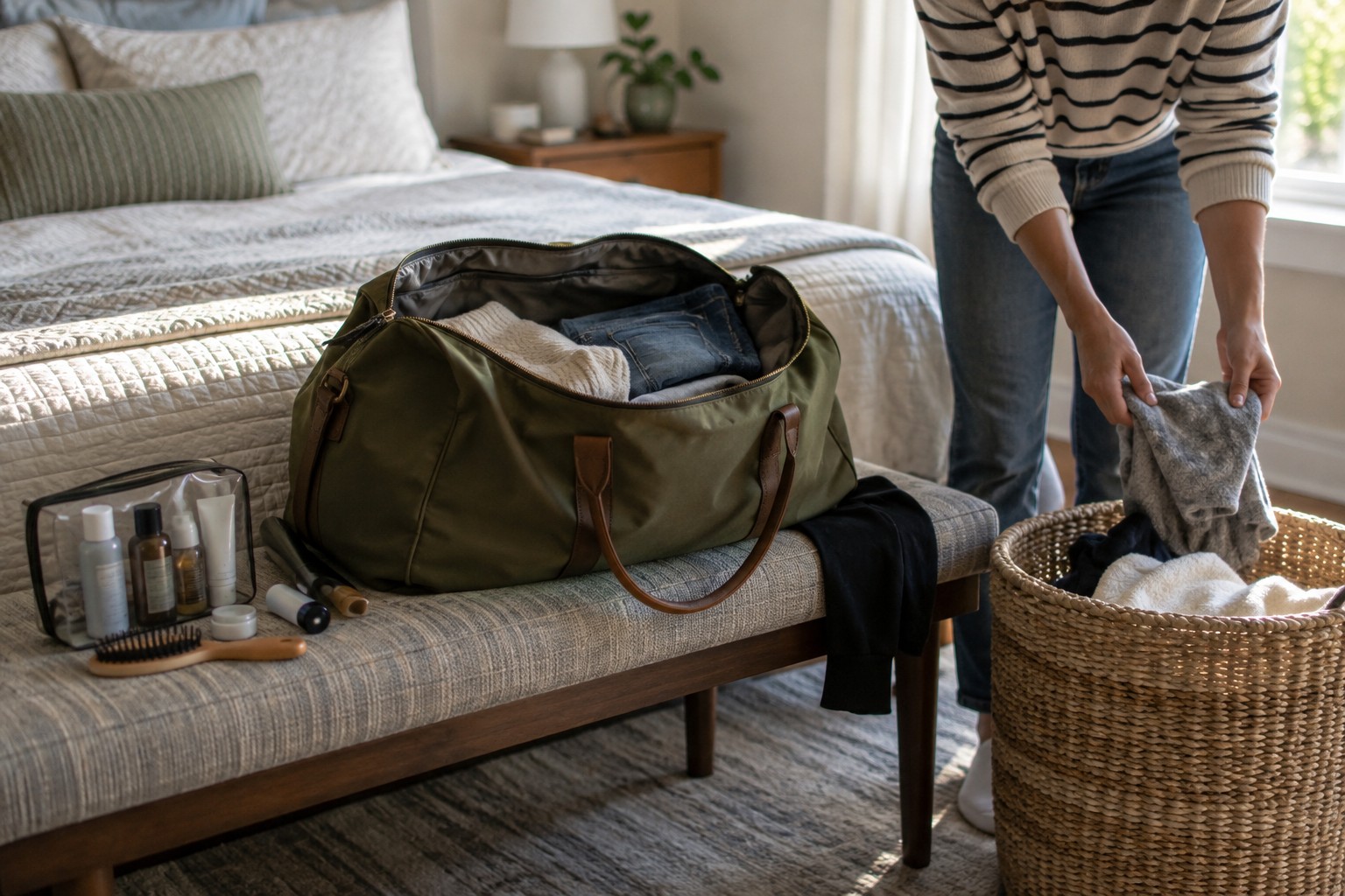 A weekend bag being unpacked beside a laundry basket.