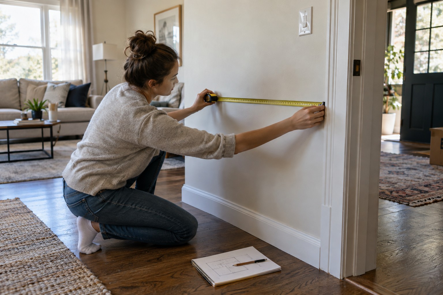 A woman measuring a room with a steel tape measure.