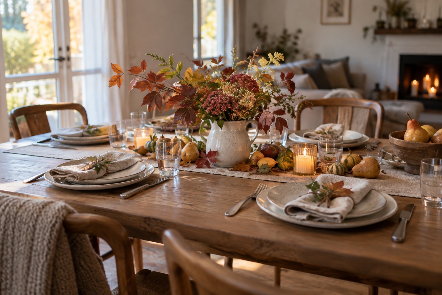 A celebration table decorated with autumn leaves and pears.