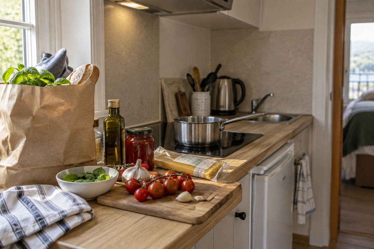 Ingredients for an arrival meal in a holiday kitchenette.