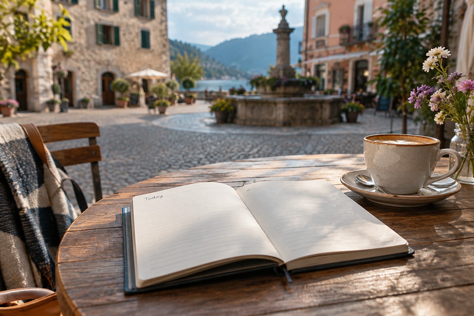 An open travel notebook and coffee at a quiet town cafe.
