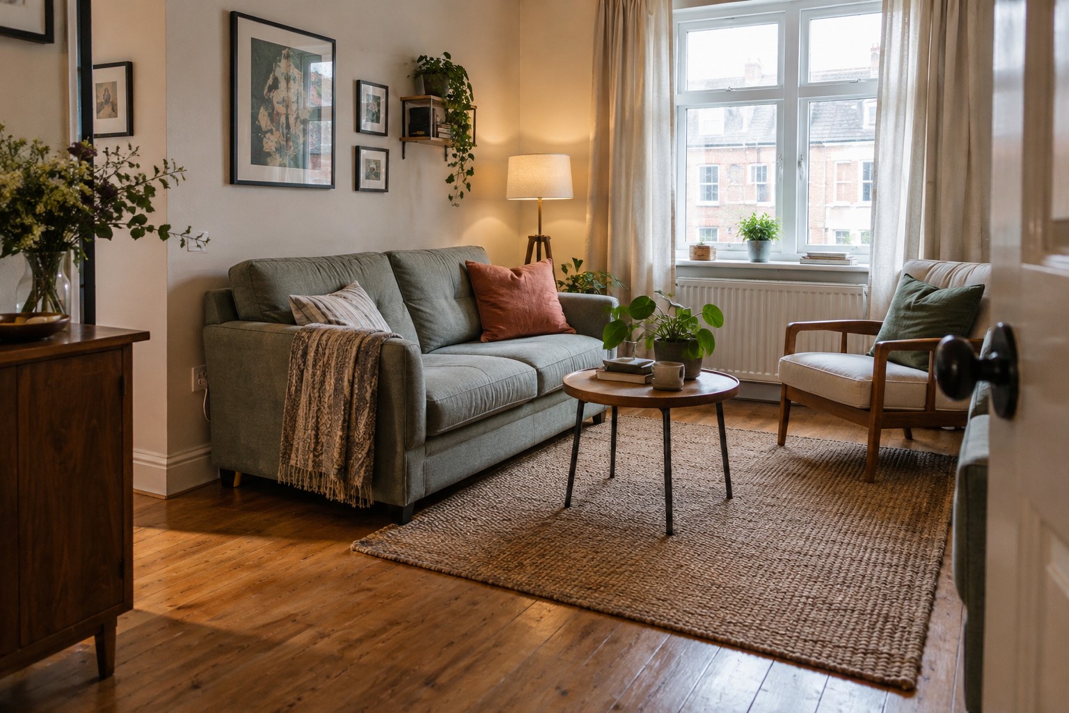 A compact living room with a sofa, chair and clear walking route.